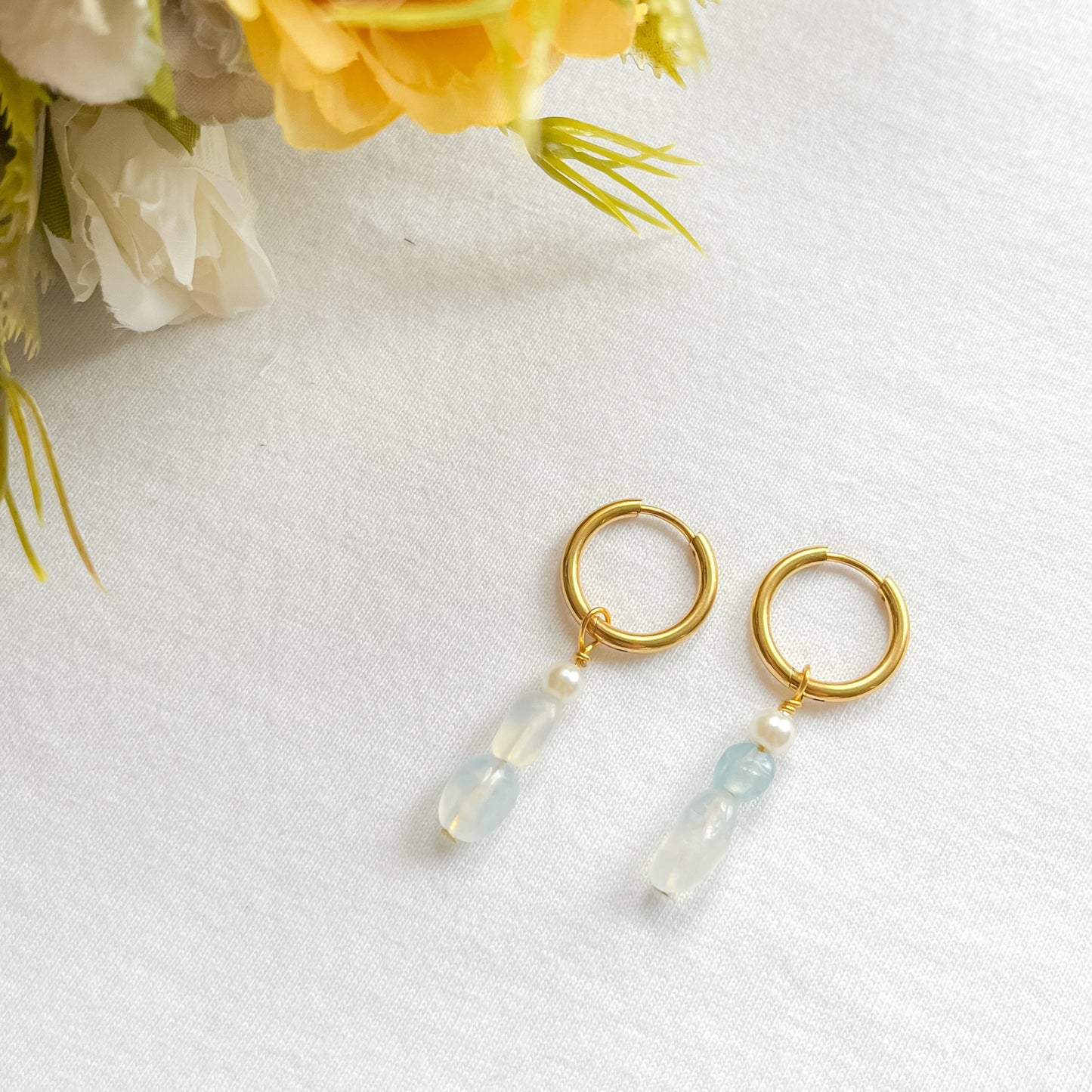 Aquamarine and Pearl Huggie Earrings