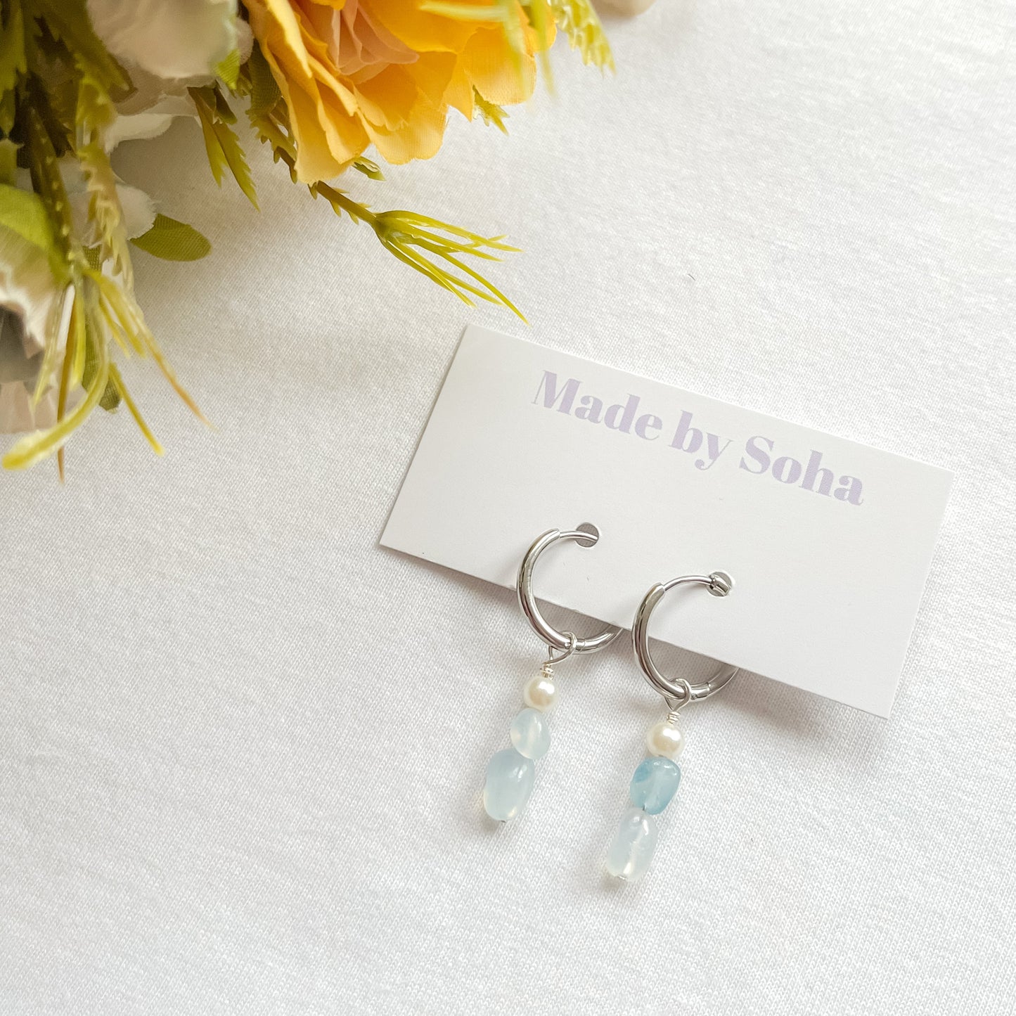 Aquamarine and Pearl Huggie Earrings