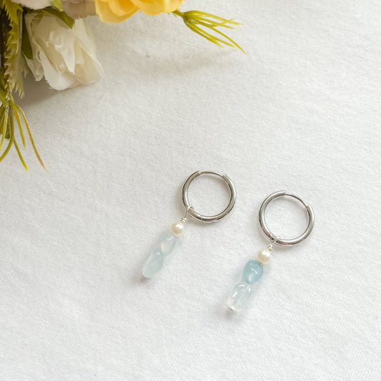Aquamarine and Pearl Huggie Earrings