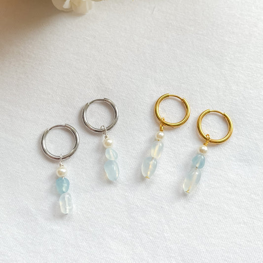 Aquamarine and Pearl Huggie Earrings